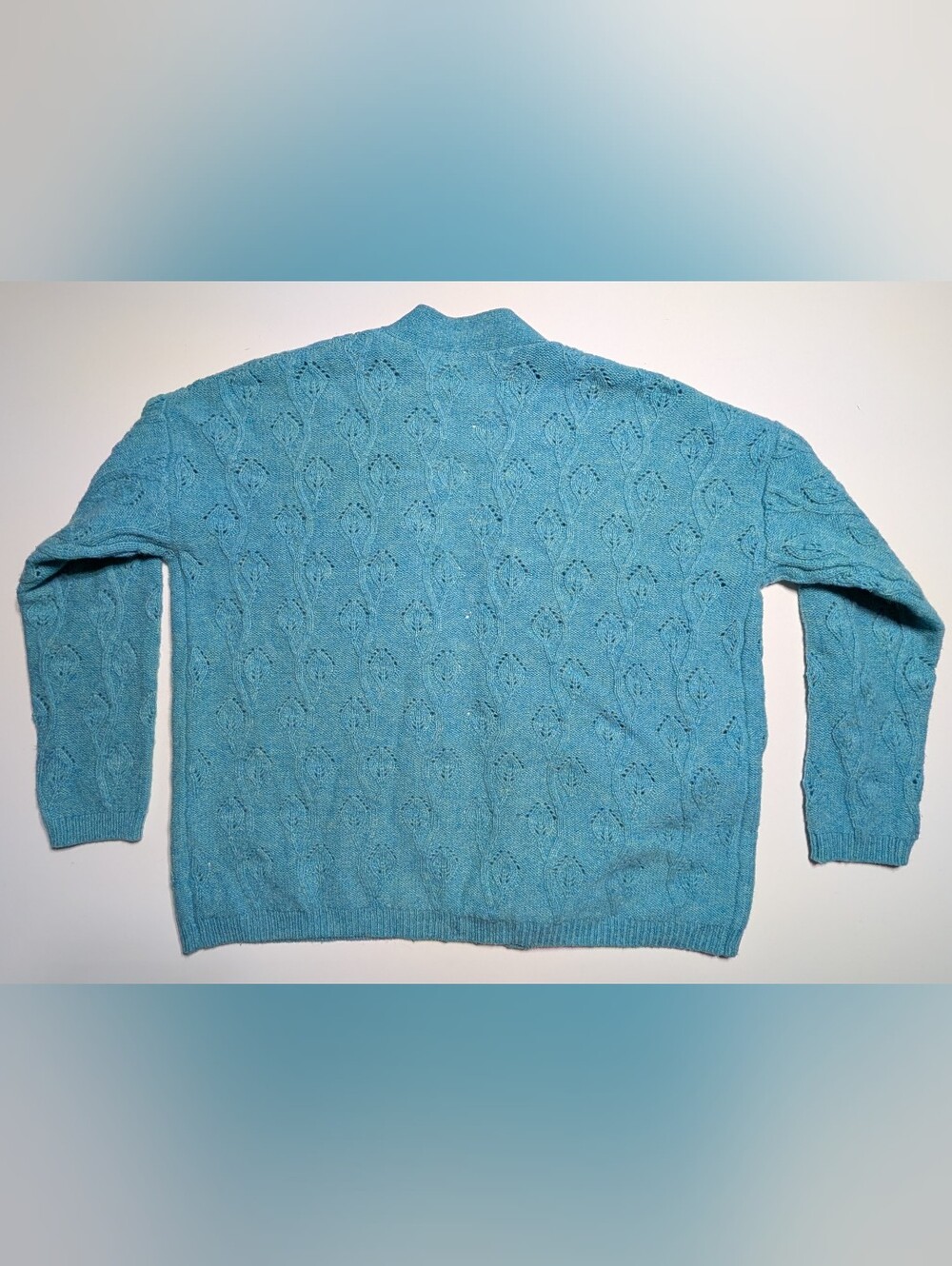 WoolOvers Womens M Cableknit Wool Cardigan Sweater Blue Green Teal Lambswool - Picture 7 of 9